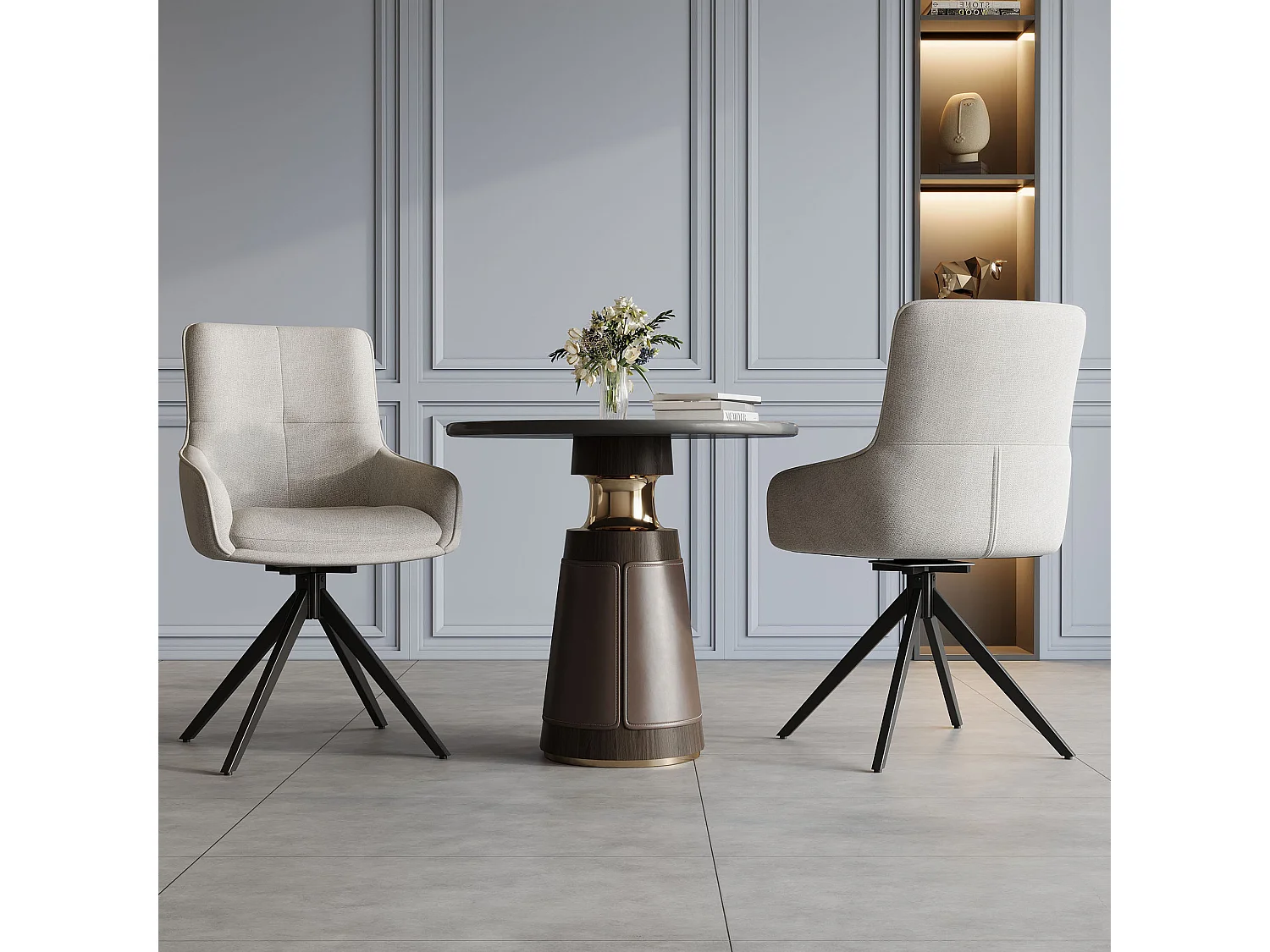 Lot de 2 chaises de salle à manger - tissu lin beige - Chaise pivotante avec dossier et accoudoirs