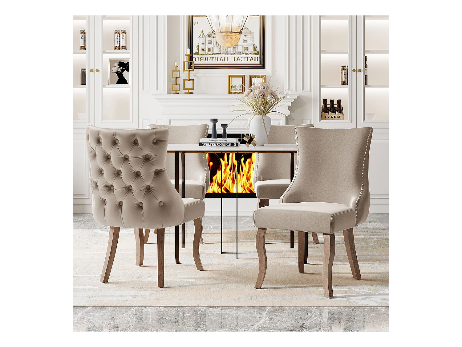 Juego de 4 sillas de comedor - terciopelo beige - con respaldo abotonado y patas de madera