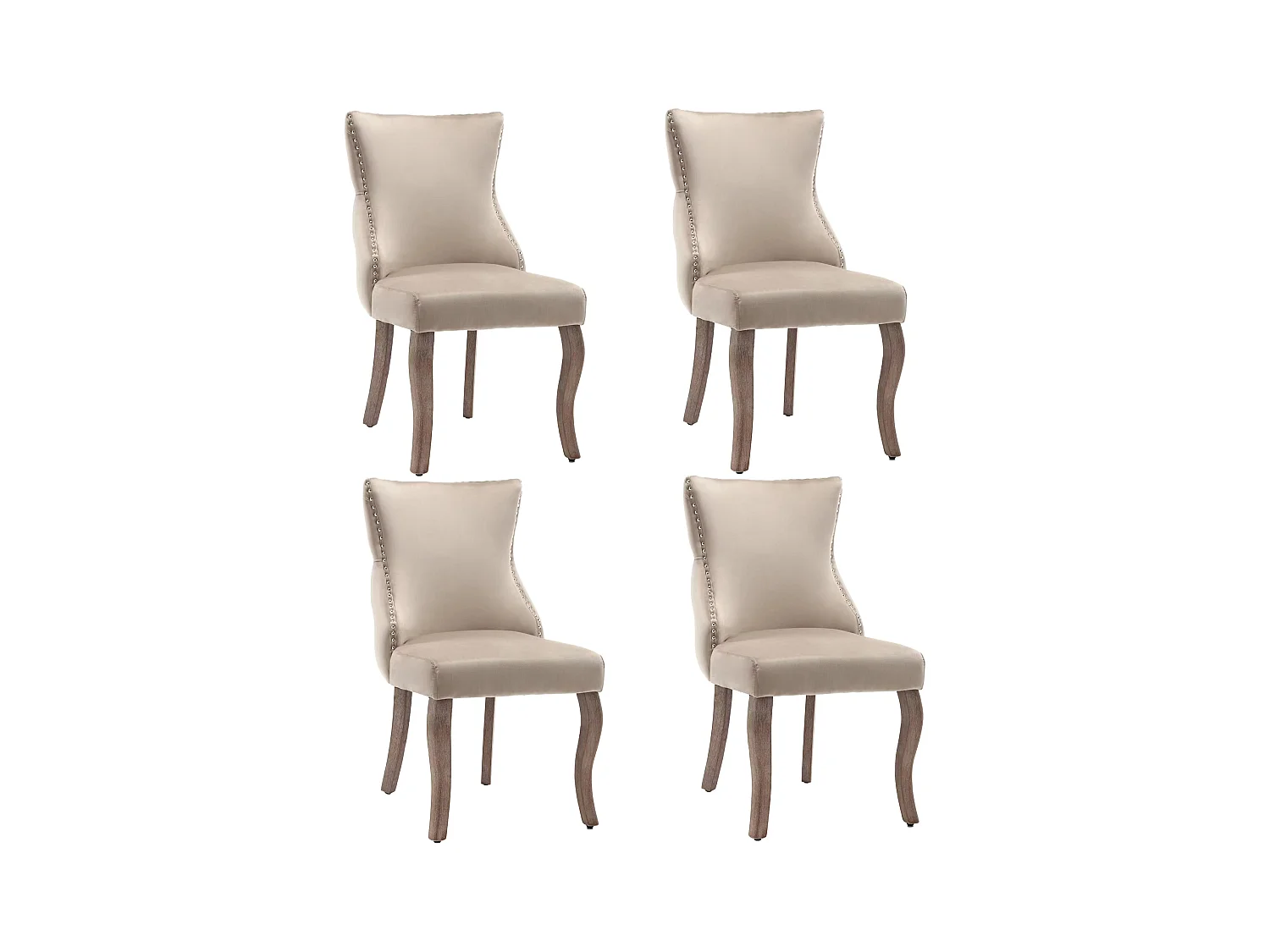 Juego de 4 sillas de comedor - terciopelo beige - con respaldo abotonado y patas de madera