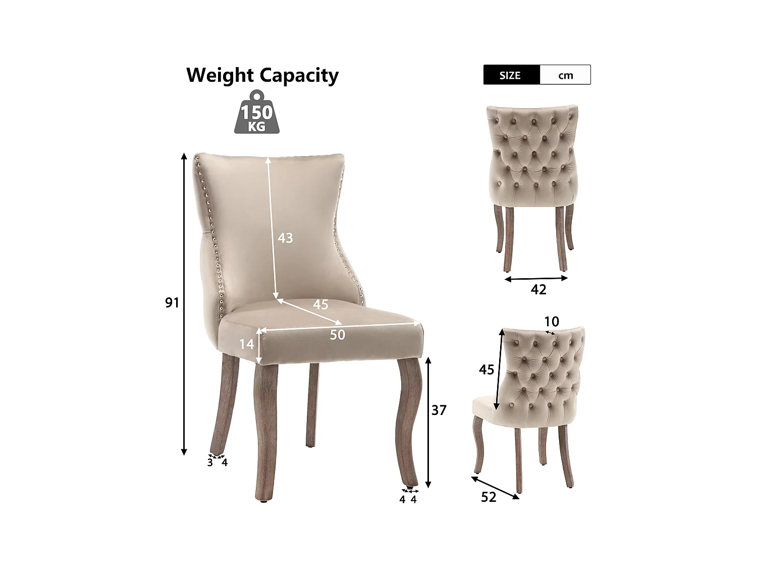 Juego de 4 sillas de comedor - terciopelo beige - con respaldo abotonado y patas de madera