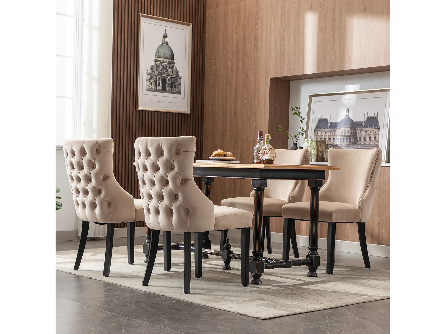 Lot de 4 chaises de salle à manger - velours beige - avec dossier boutonné et pieds en bois noir