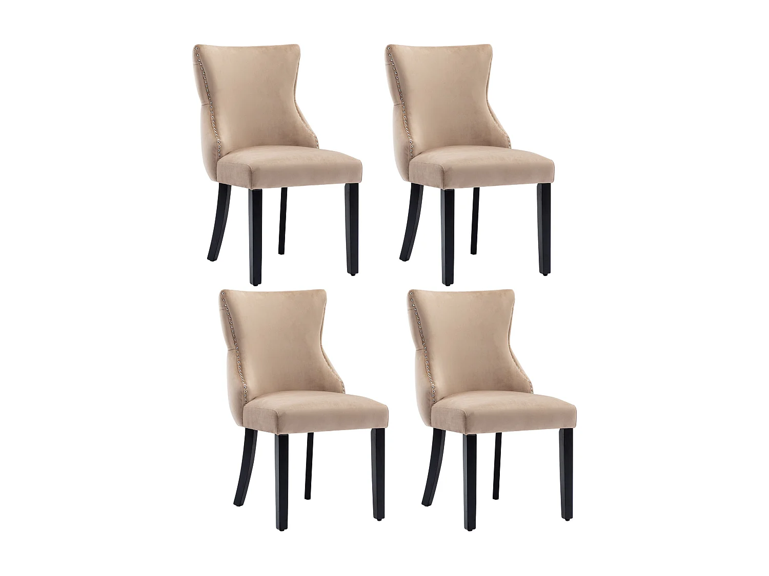 Lot de 4 chaises de salle à manger - velours beige - avec dossier boutonné et pieds en bois noir
