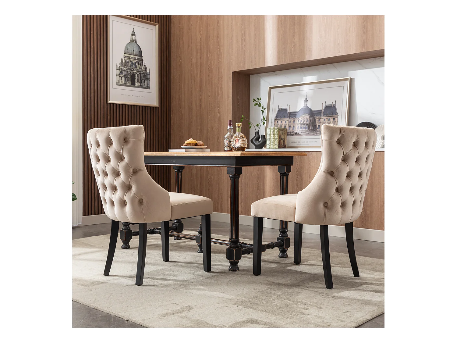 Juego de 2 sillas de comedor - terciopelo beige - con respaldo abotonado y patas de madera negras