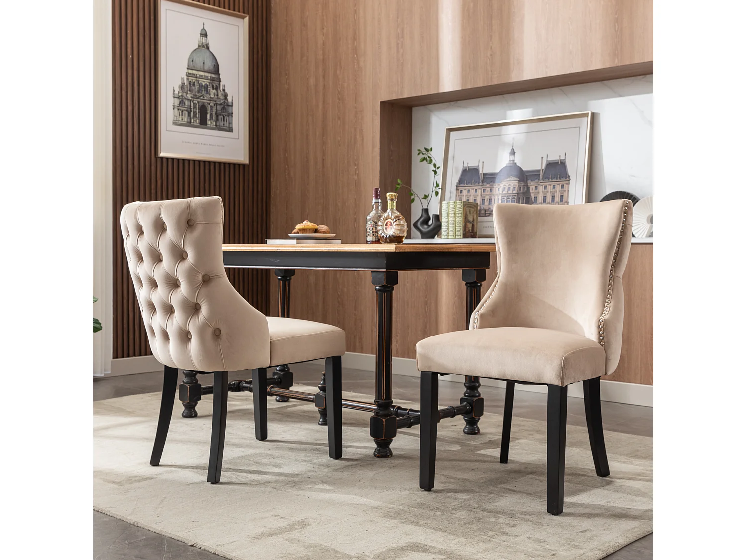 Lot de 2 chaises de salle à manger - velours beige - avec dossier boutonné et pieds en bois noir