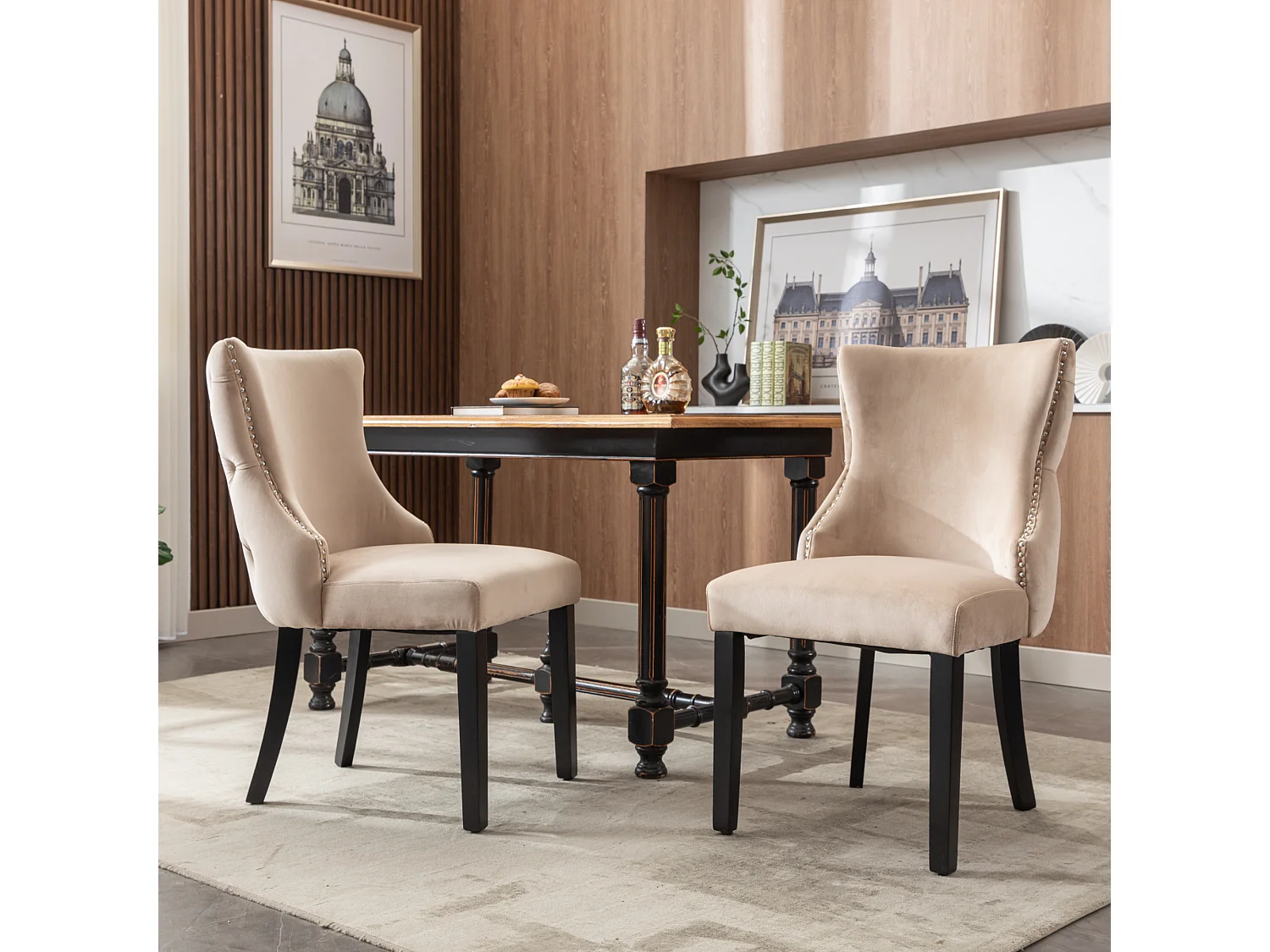 Lot de 2 chaises de salle à manger - velours beige - avec dossier boutonné et pieds en bois noir
