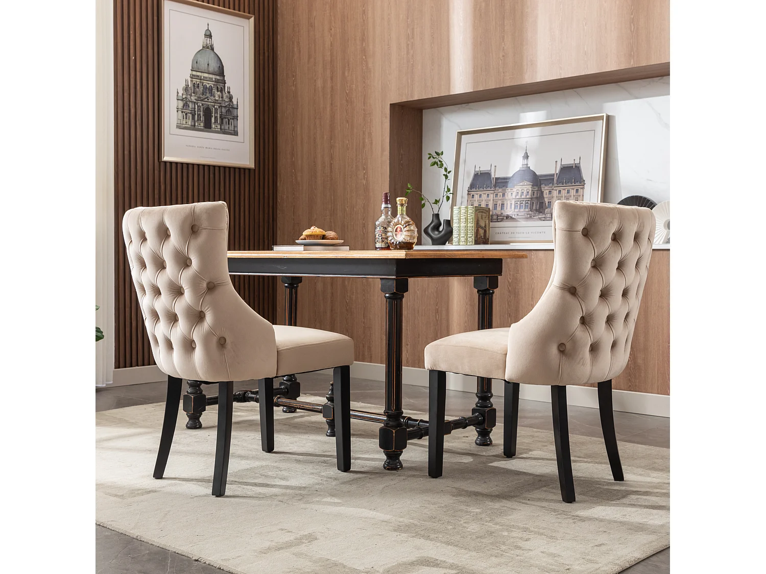 Lot de 2 chaises de salle à manger - velours beige - avec dossier boutonné et pieds en bois noir