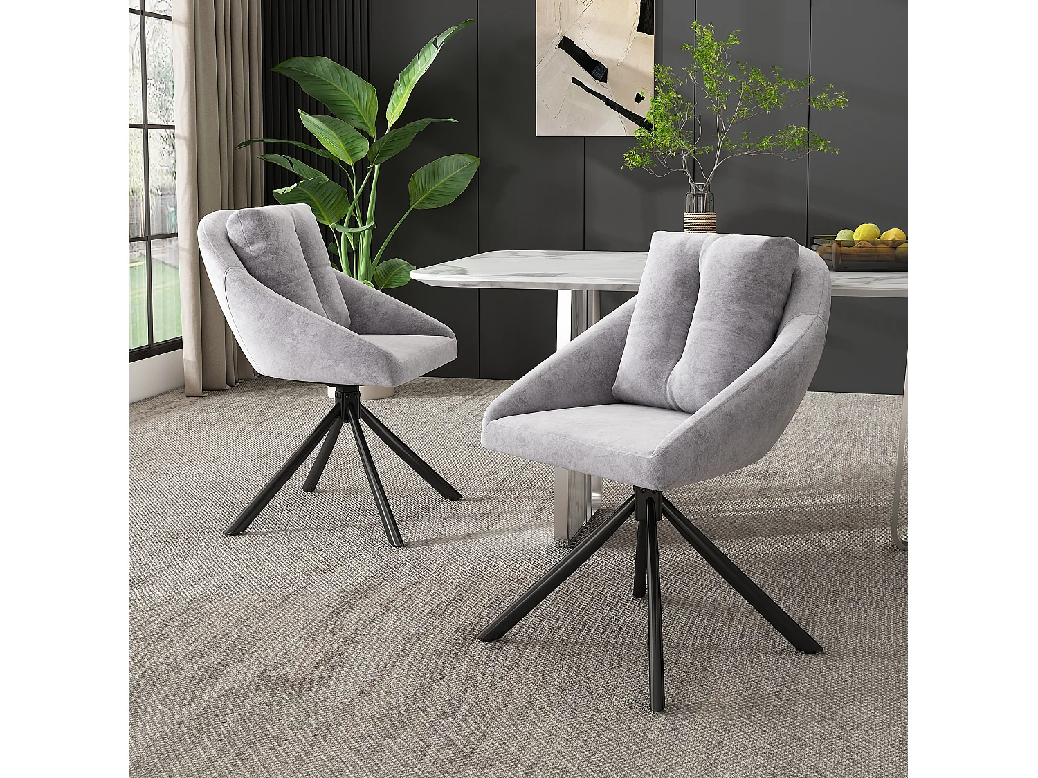Lot de 2 chaises de salle à manger - tissu velours gris - avec dossier rembourré et fonction pivotante