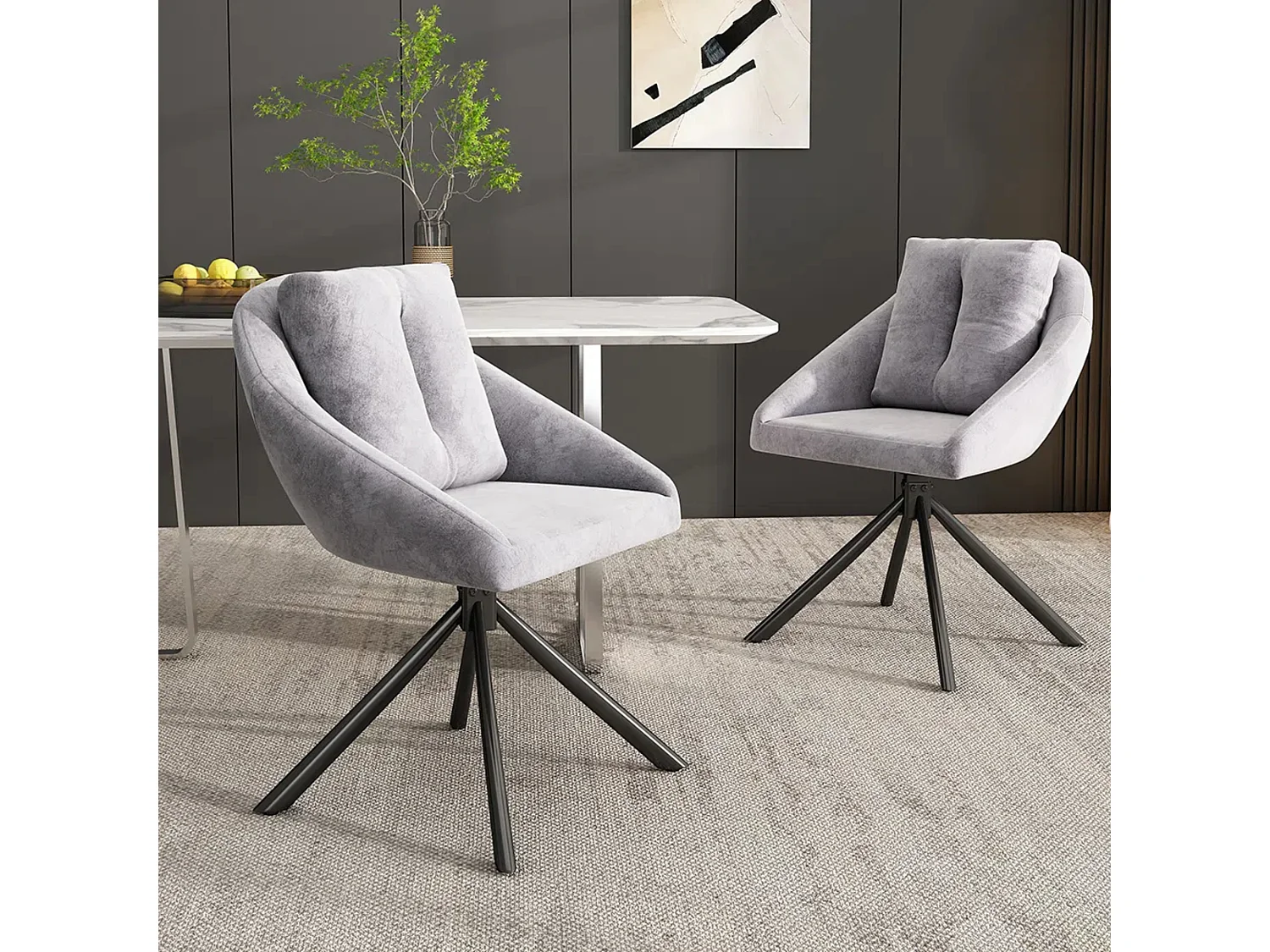 Lot de 2 chaises de salle à manger - tissu velours gris - avec dossier rembourré et fonction pivotante