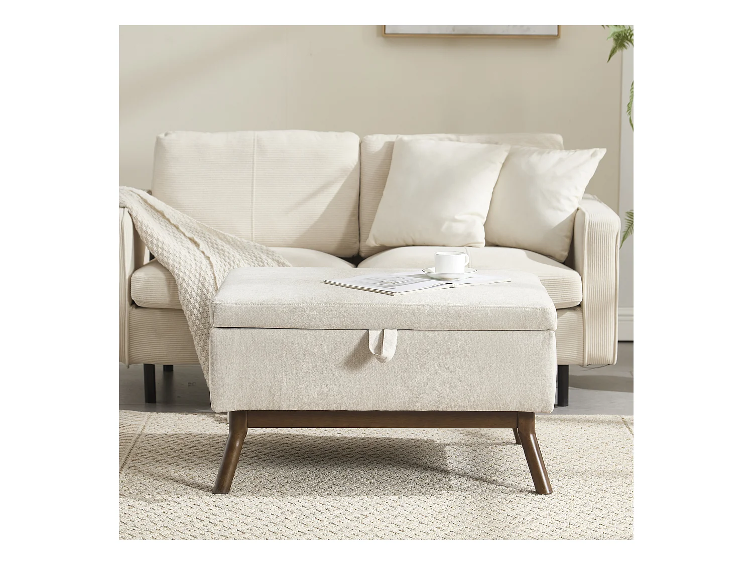 Chaise carrée - Chaise avec rangement - pour salon, entrée et salle familiale - lin blanc