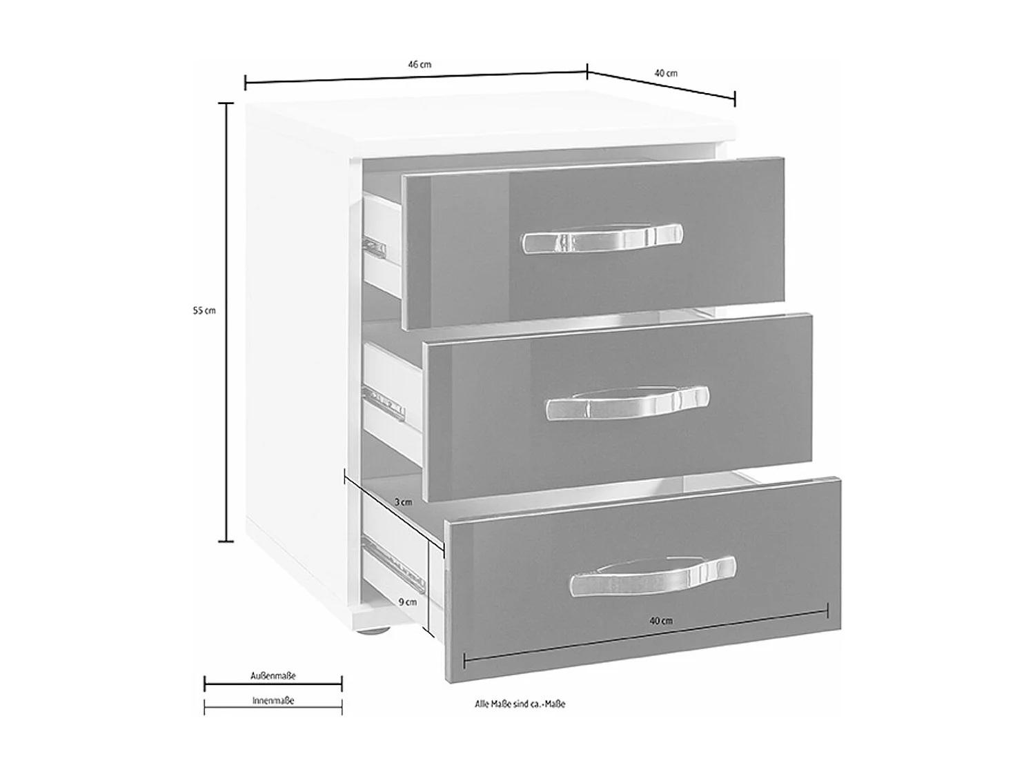 SCHUBKASTENKOMMODE Trio weiß / weiß Hochglanz 46 / 40 / 55cm