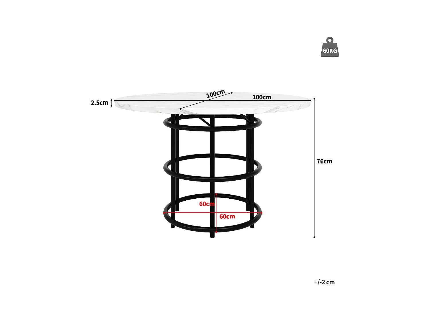 Tavolo da pranzo moderno - Tavolo da pranzo rotondo con gambe ad anello nere - Piano in MDF - per sala da pranzo e soggiorno