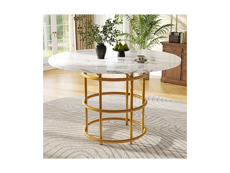 Table à manger moderne - Table à manger ronde avec pieds en anneau doré - plateau en MDF - pour salle à manger et salon
