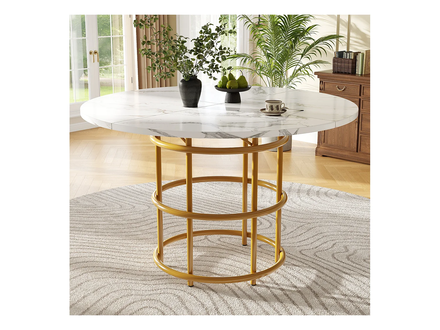 Table à manger moderne - Table à manger ronde avec pieds en anneau doré - plateau en MDF - pour salle à manger et salon