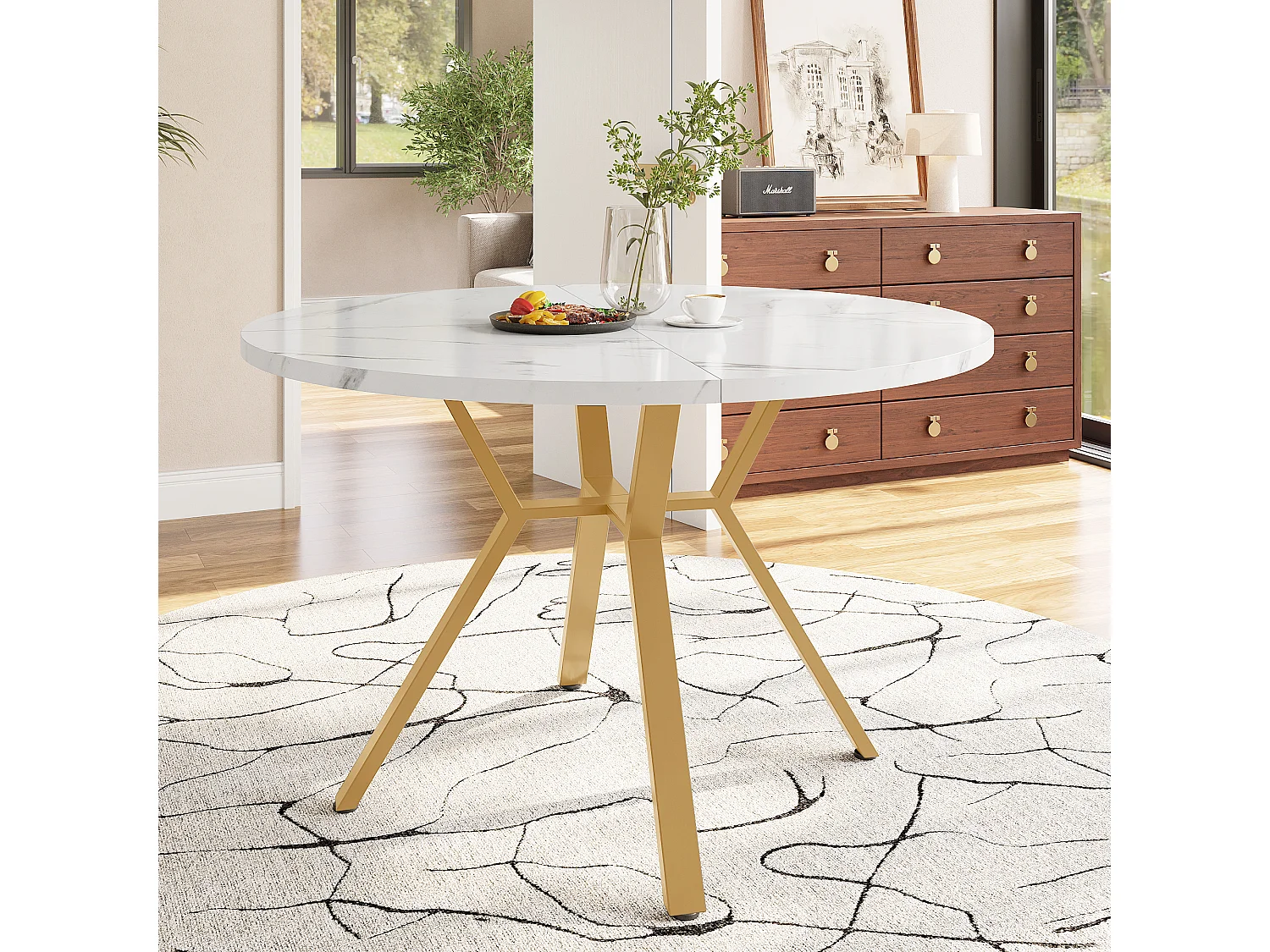 Mesa de comedor redonda blanca - Mesa de comedor con soporte de metal en forma de X y reposapiés negro - para comedor y sala de estar