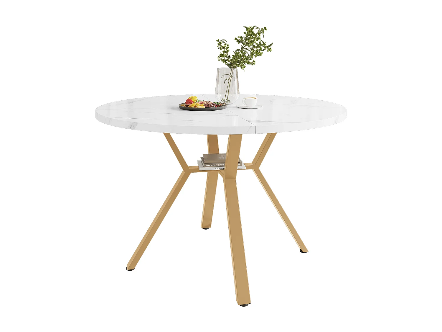 Mesa de comedor redonda blanca - Mesa de comedor con soporte de metal en forma de X y reposapiés negro - para comedor y sala de estar