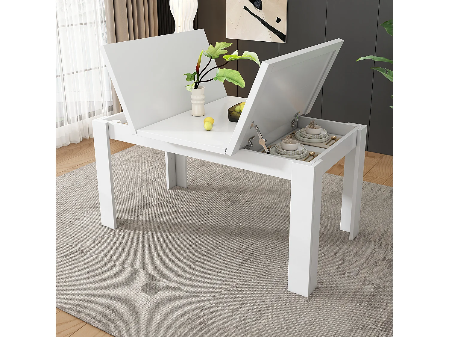 Mesa de comedor moderna - 120x70x75 cm - Mesa de comedor blanca con almacenamiento oculto - para sala de estar y comedor