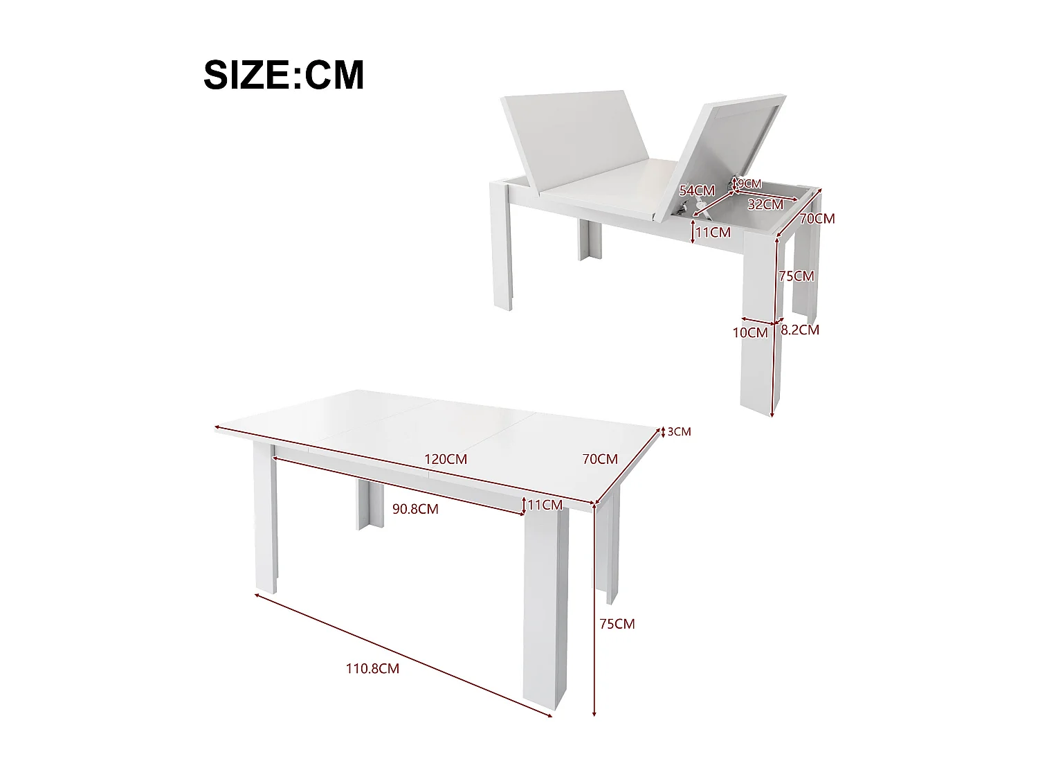 Mesa de comedor moderna - 120x70x75 cm - Mesa de comedor blanca con almacenamiento oculto - para sala de estar y comedor