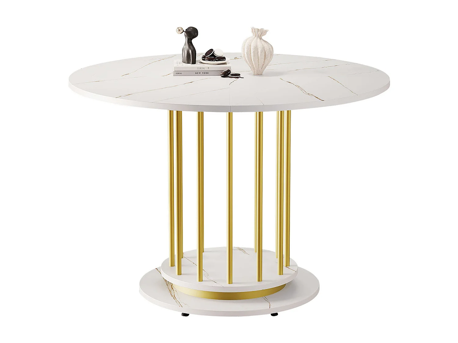 Table à manger ronde blanc - Table à manger avec structure en métal et base surélevée - plateau en MDF - pour salle à manger et salon