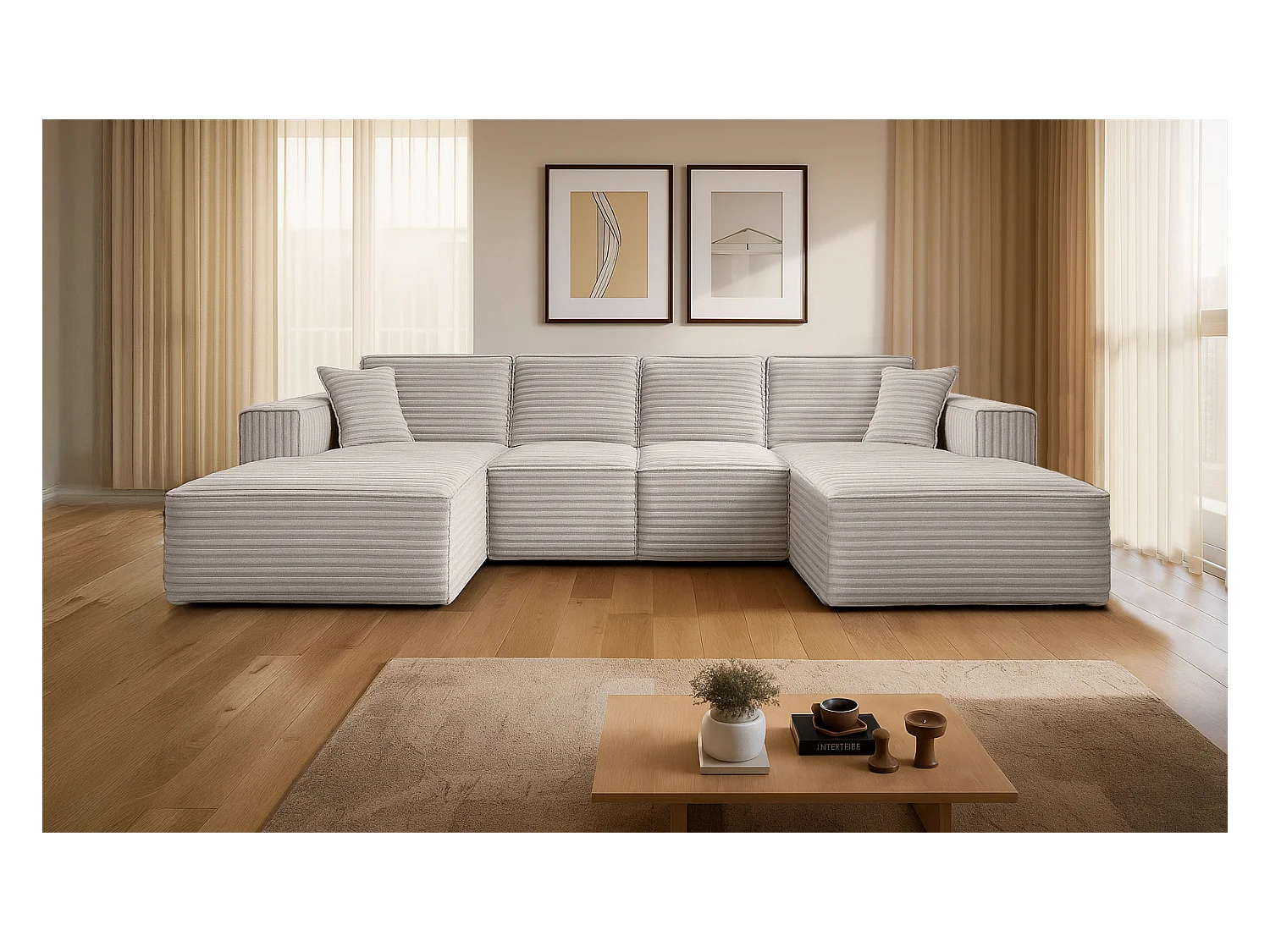 Canapé d'angle en U Siena avec tissu Velo Ecru