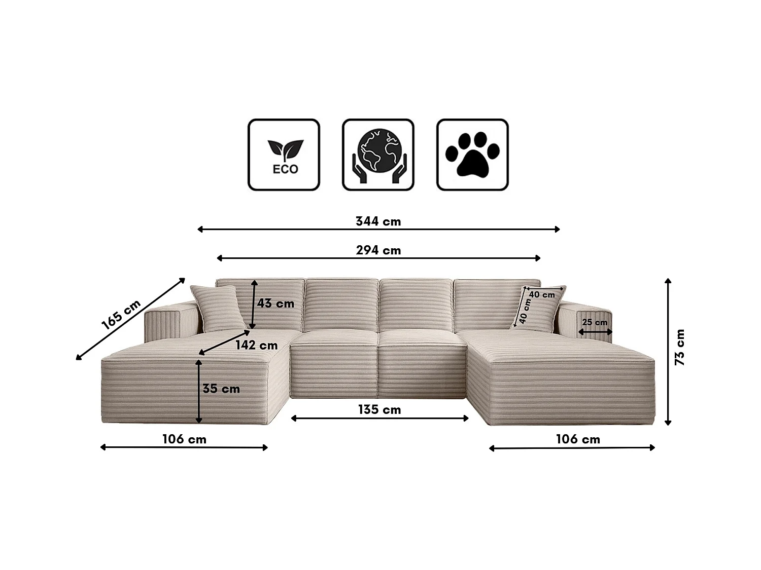 Canapé d'angle en U Siena avec tissu Velo Ecru