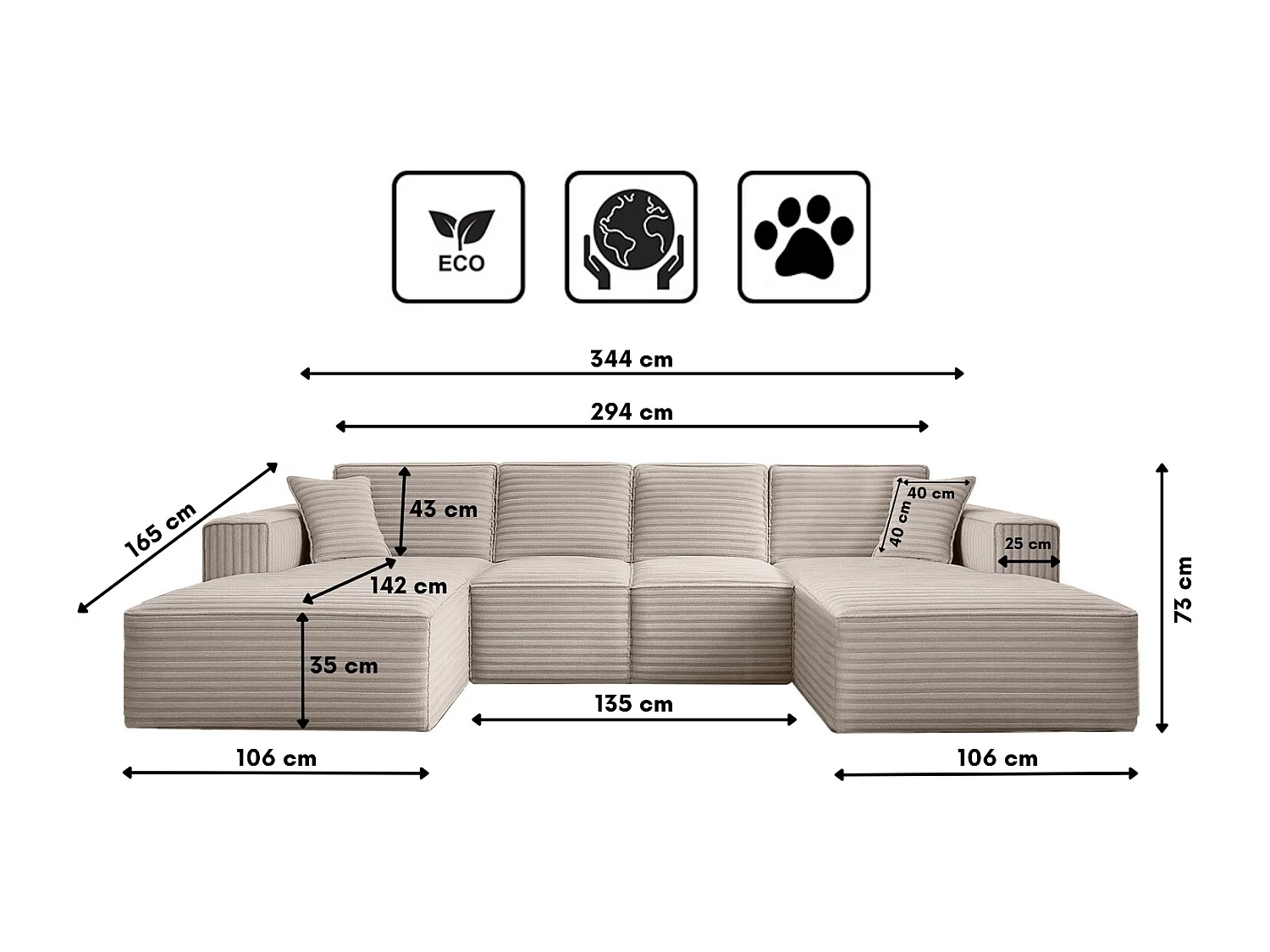 Canapé d'angle en U Siena avec tissu Velo Ecru