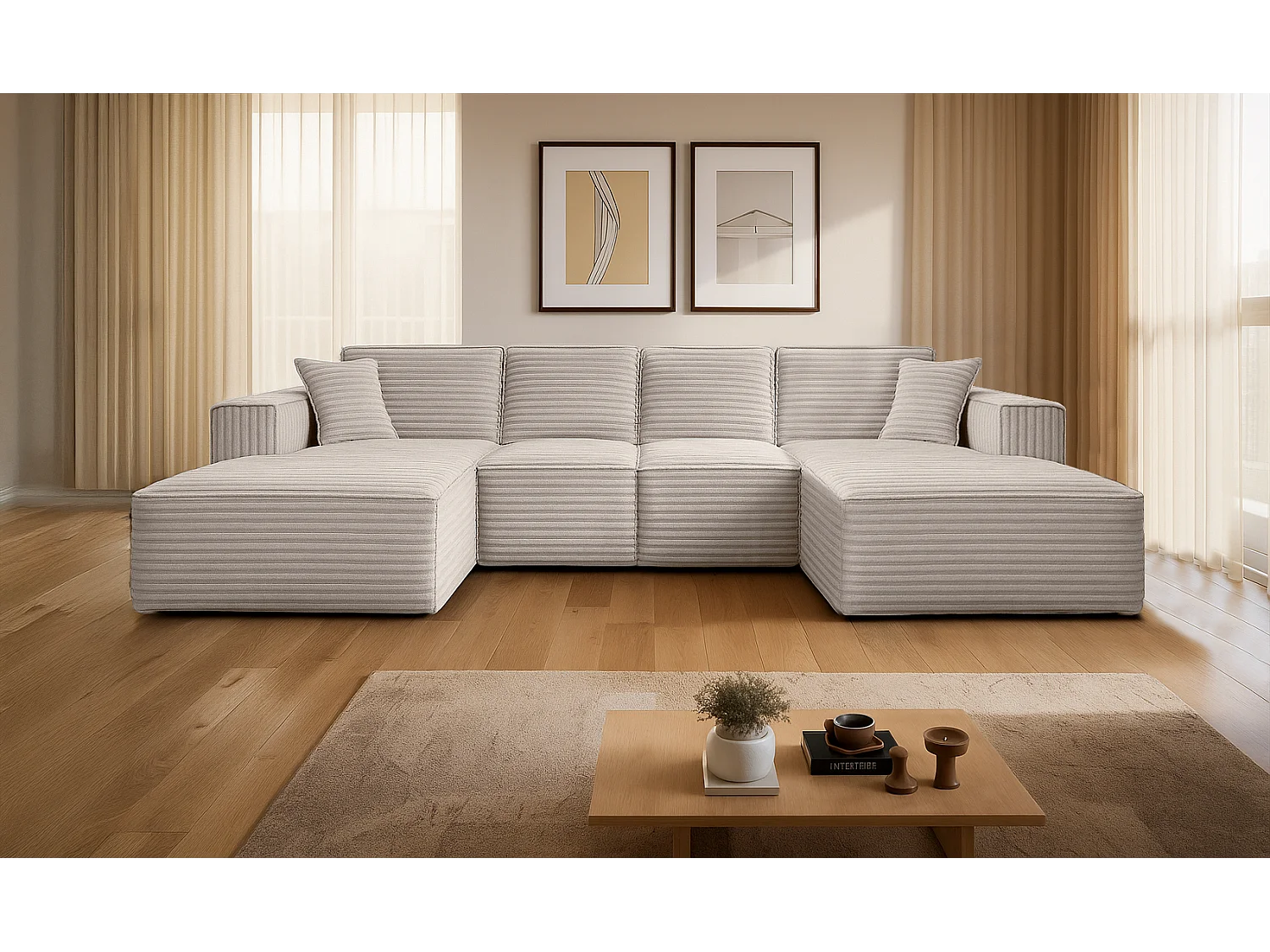 Canapé d'angle en U Siena avec tissu Velo Ecru