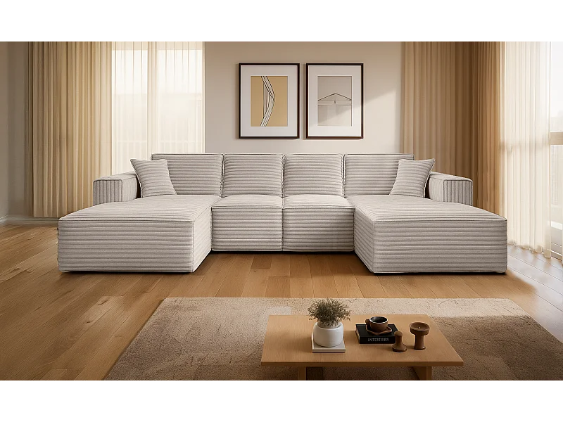 Canapé d'angle en U Siena avec tissu Velo Ecru