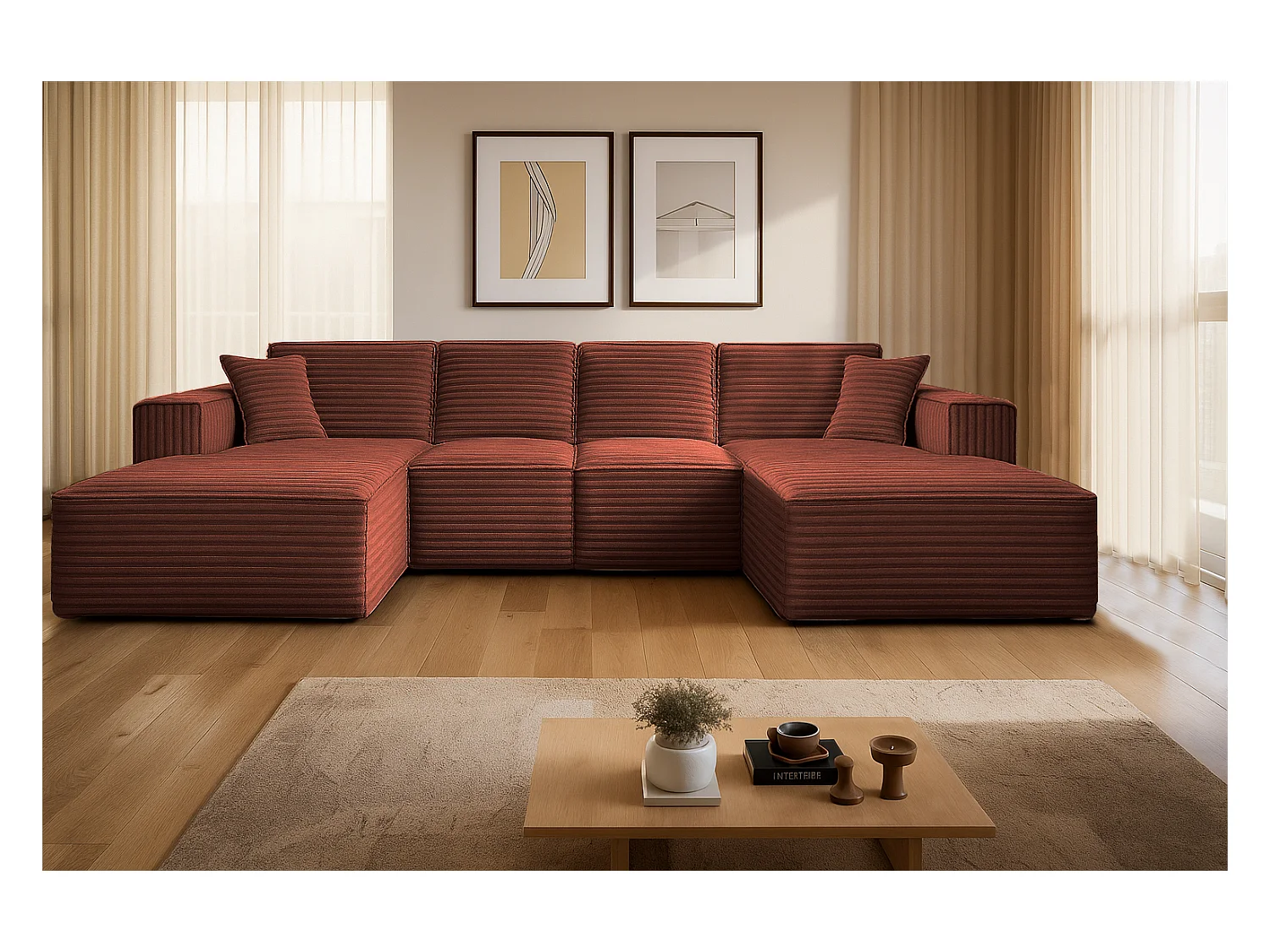 Canapé d'angle en U Siena avec tissu Velo cuivre