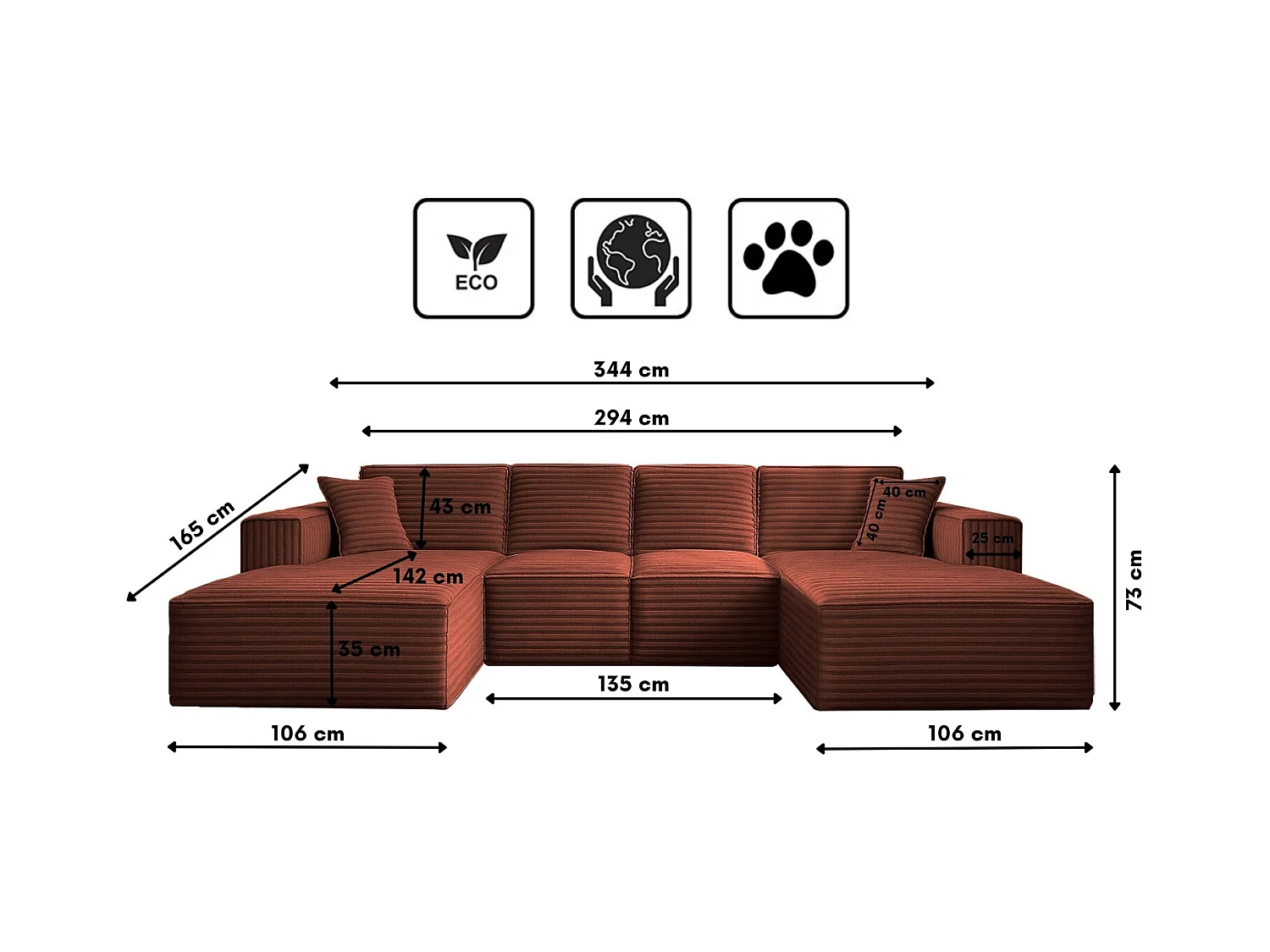 Canapé d'angle en U Siena avec tissu Velo cuivre