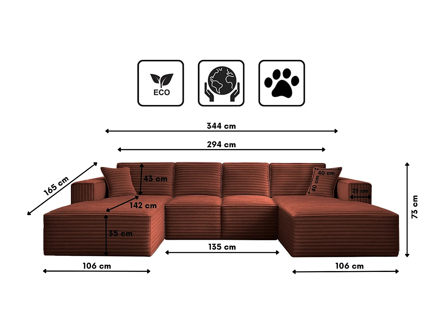 Canapé d'angle en U Siena avec tissu Velo cuivre