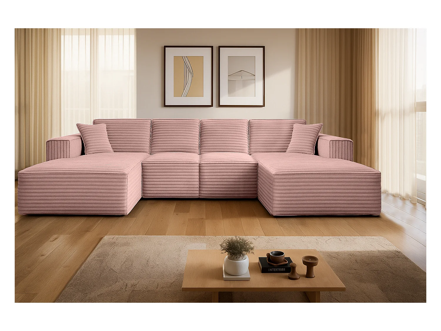 Canapé d'angle en U Siena avec tissu Velo Rosa