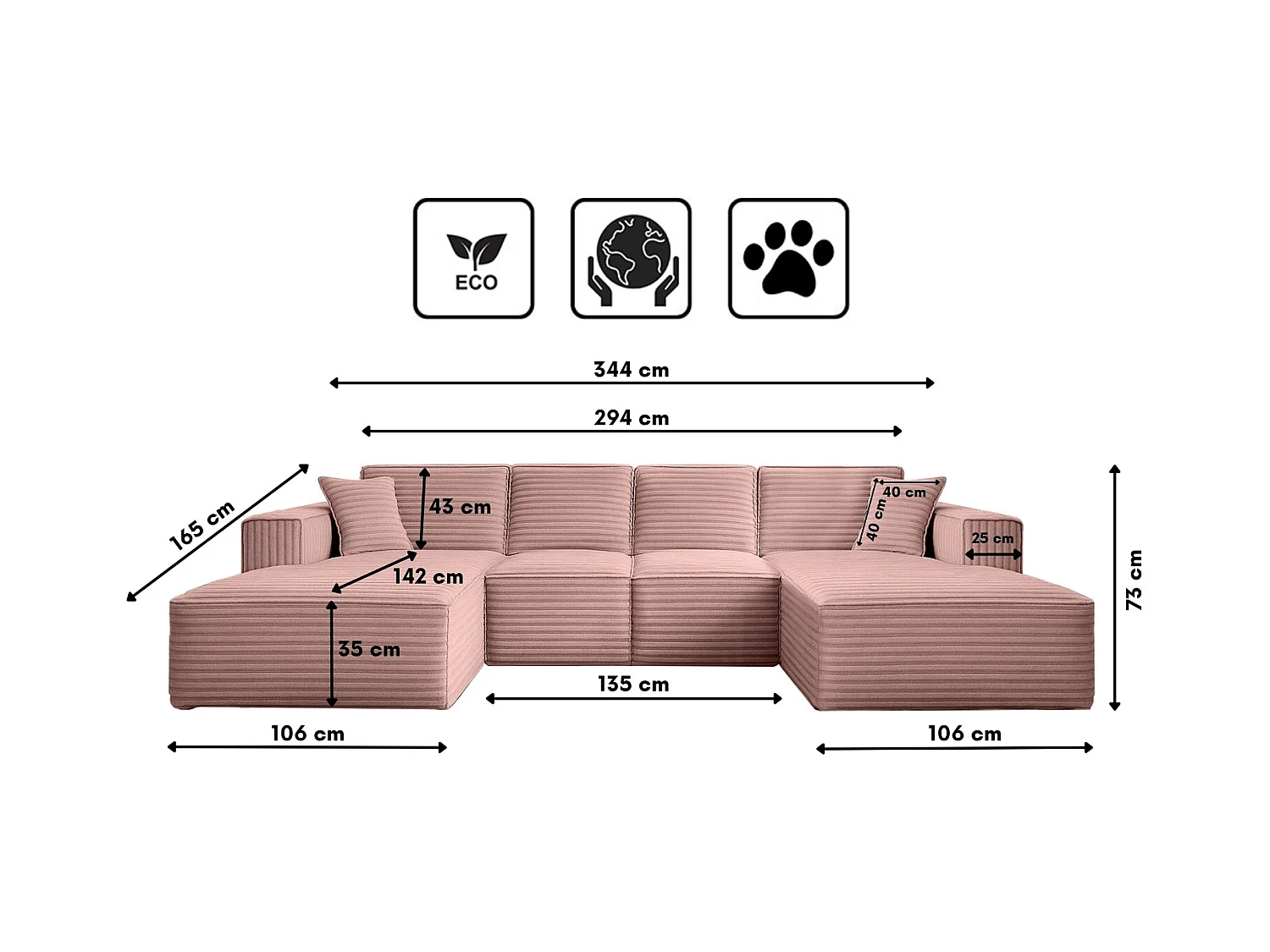Canapé d'angle en U Siena avec tissu Velo Rosa