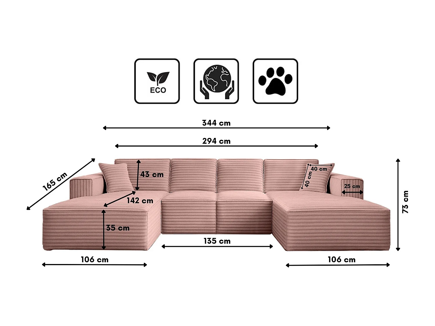 Canapé d'angle en U Siena avec tissu Velo Rosa