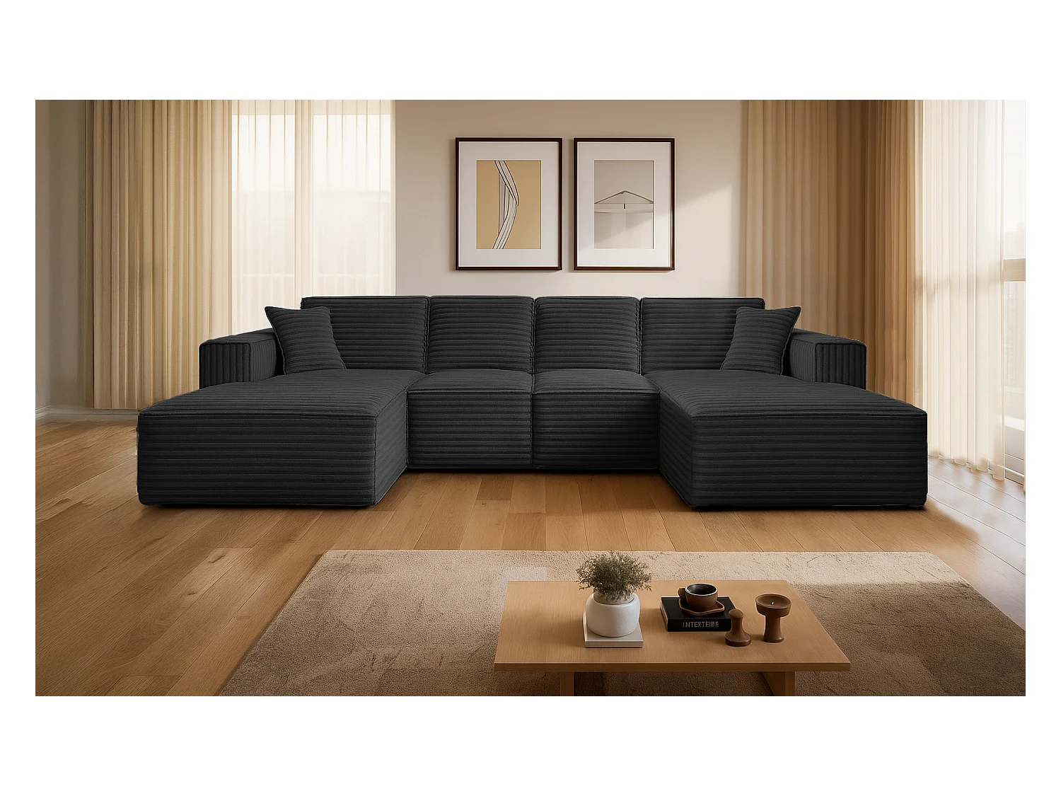 Canapé d'angle en U Siena avec tissu Velo Black