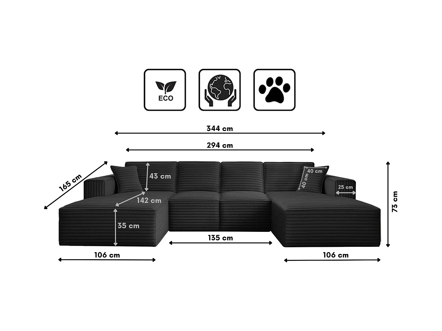 Canapé d'angle en U Siena avec tissu Velo Black