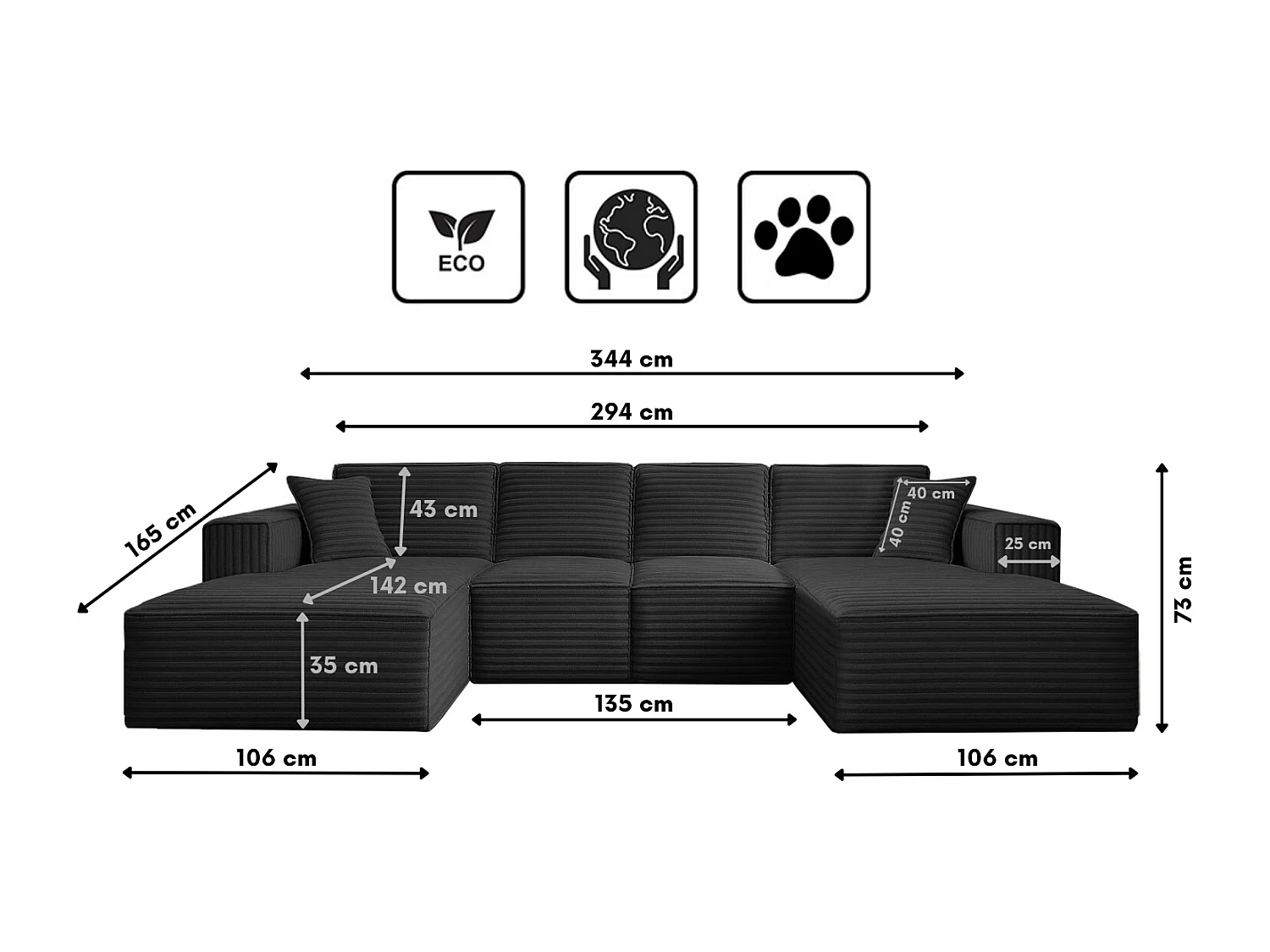 Canapé d'angle en U Siena avec tissu Velo Black