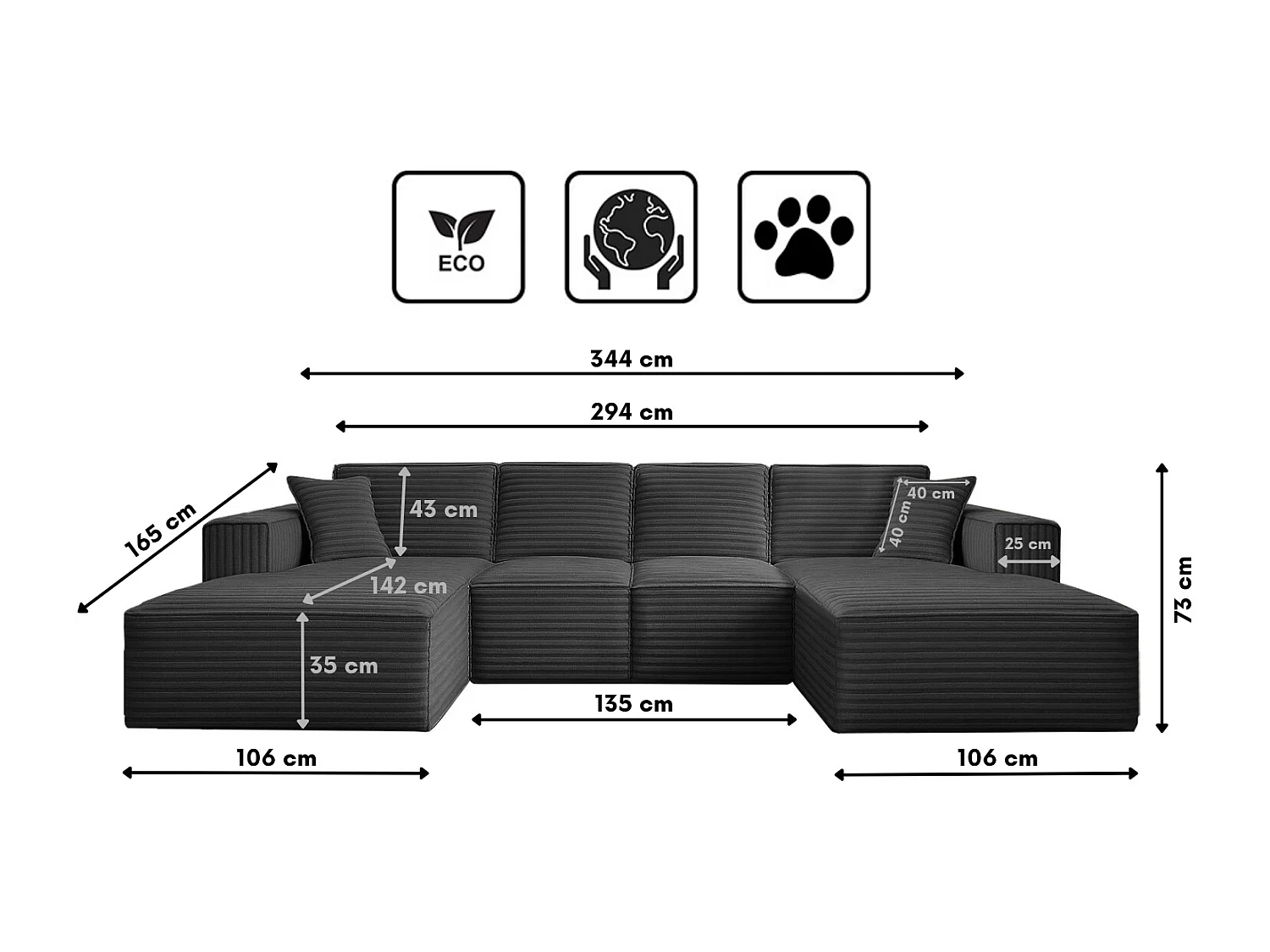 Canapé d'angle en U Siena avec tissu Velo Graphite