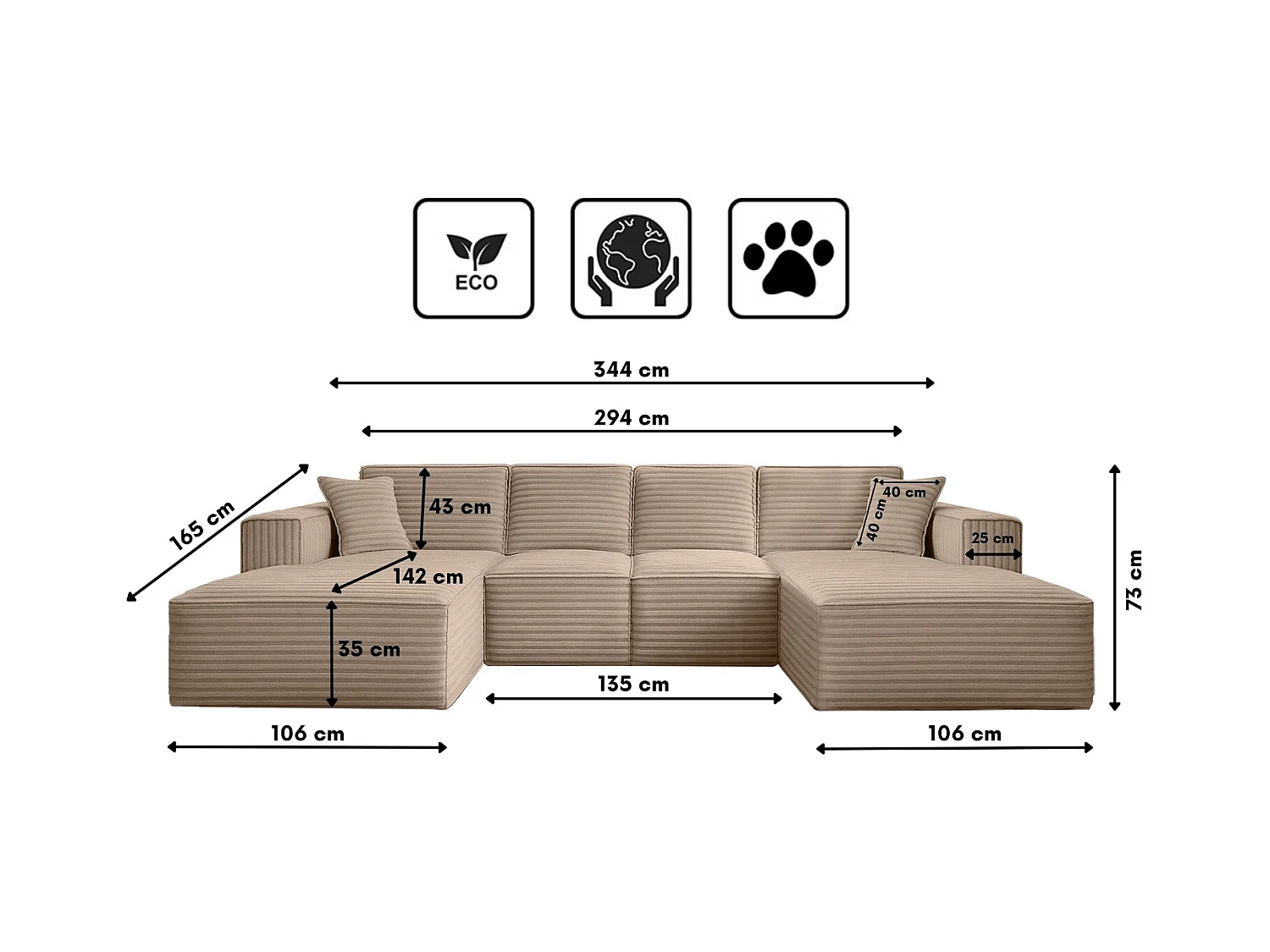 Canapé d'angle en U Siena avec tissu Velo Beige