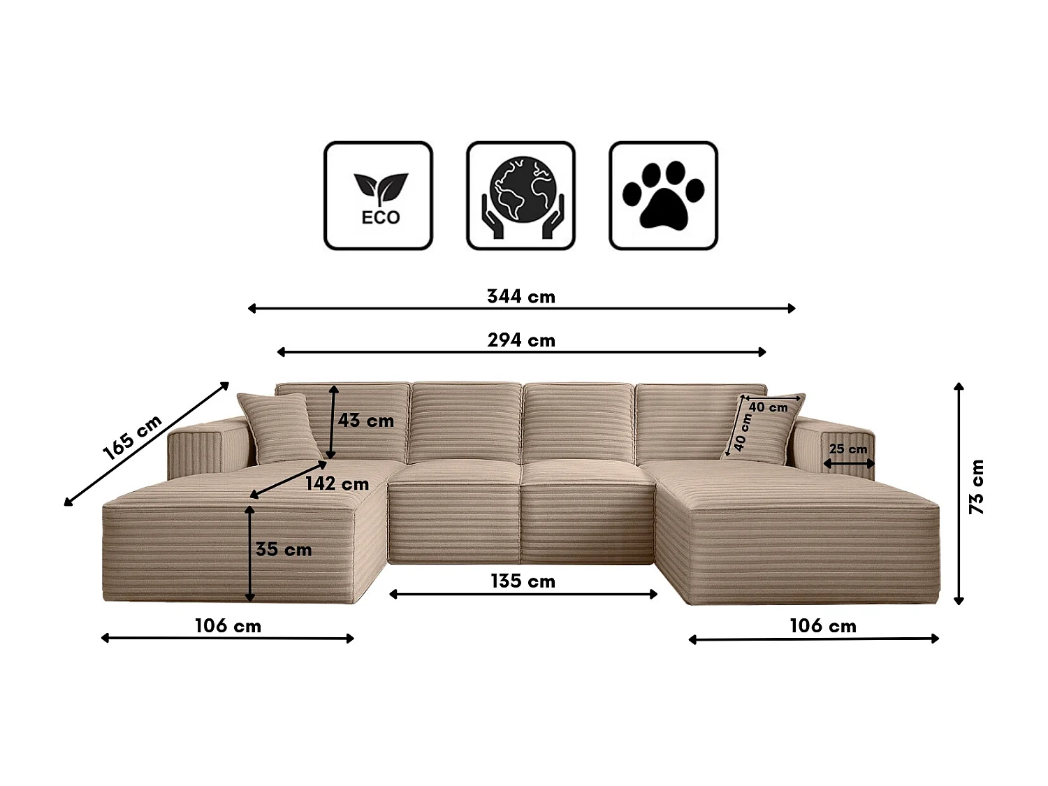 Canapé d'angle en U Siena avec tissu Velo Beige