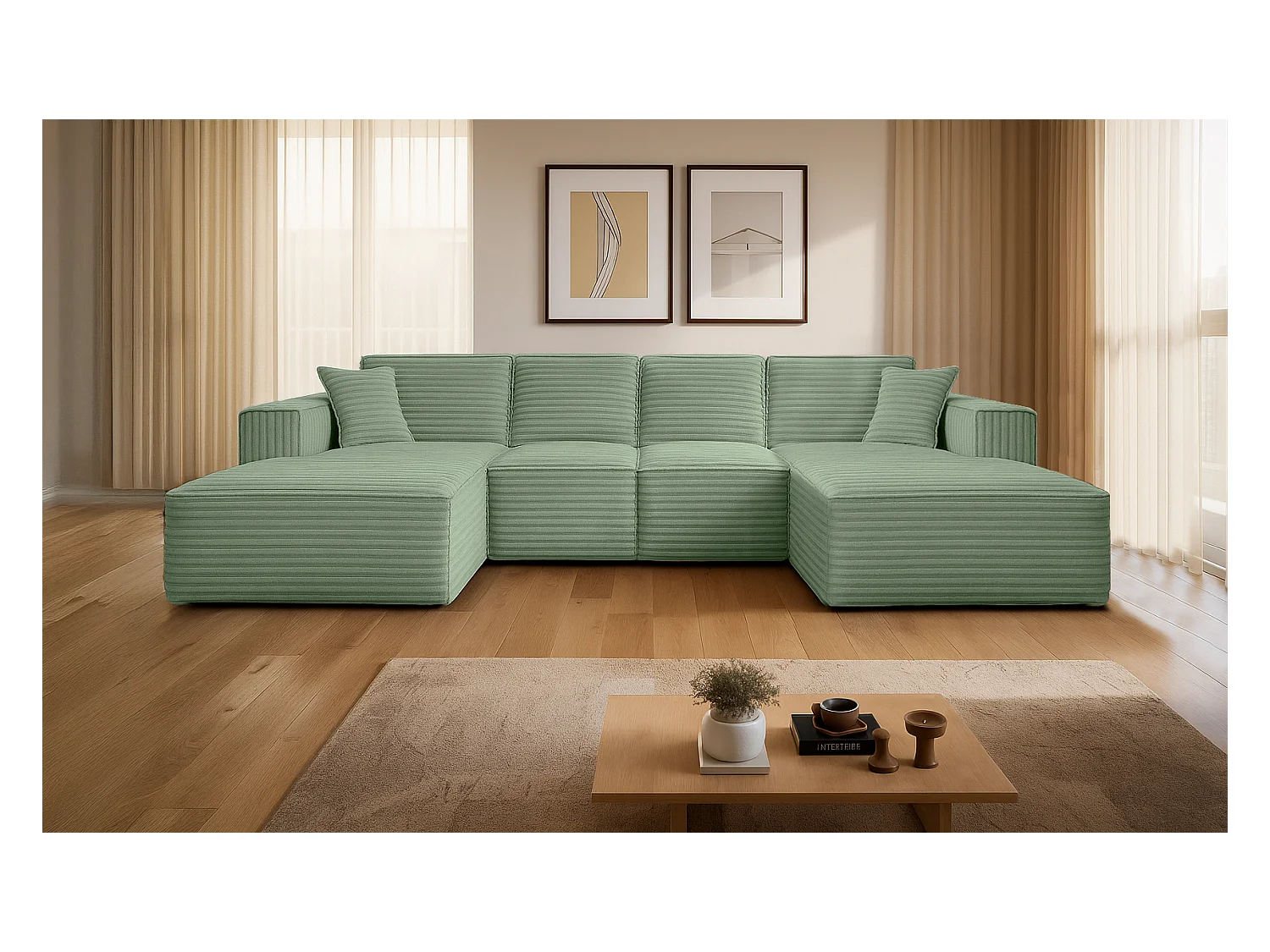 Canapé d'angle en U Siena avec tissu Velo Olive