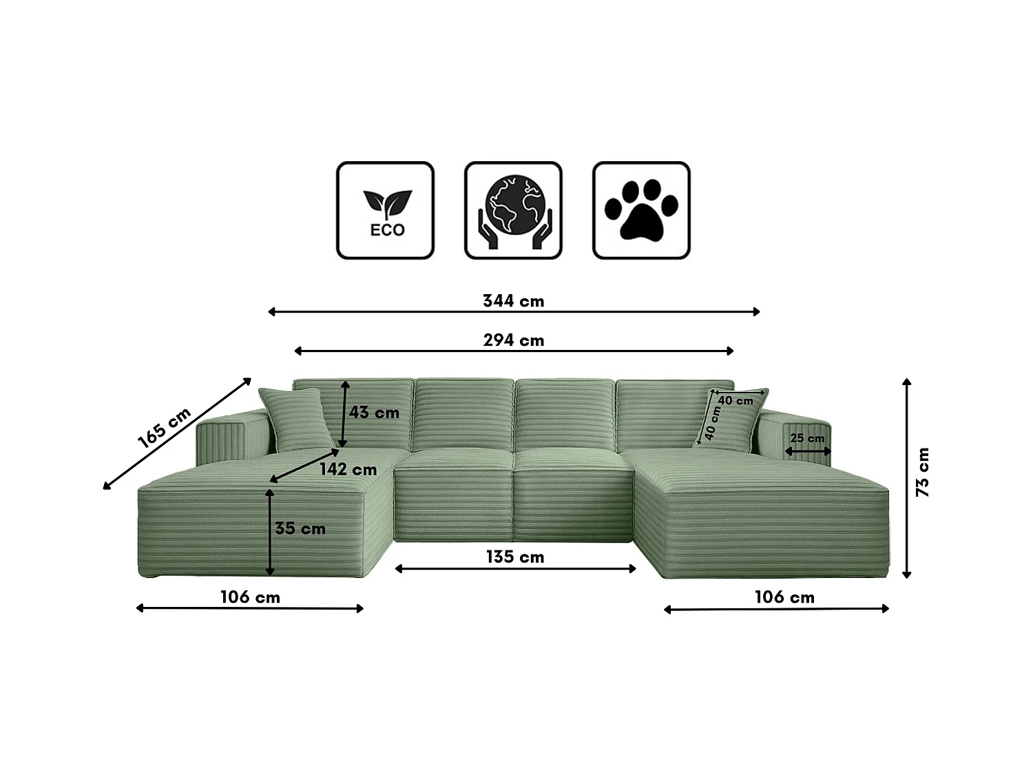 Canapé d'angle en U Siena avec tissu Velo Olive