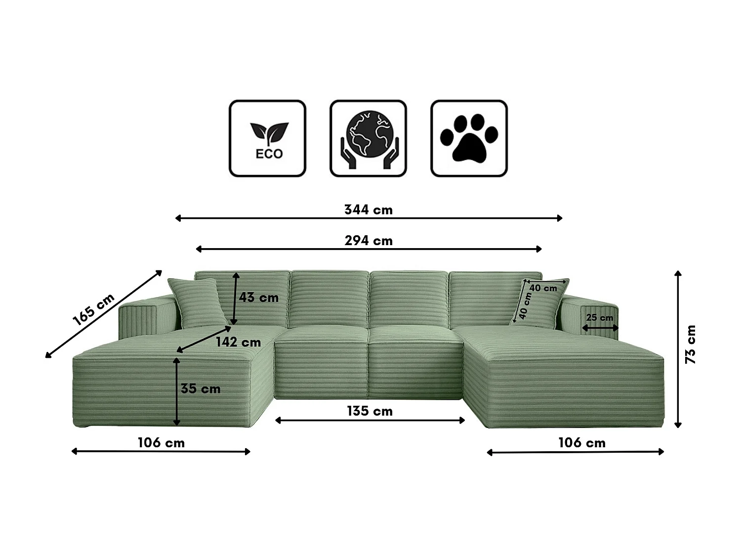 Canapé d'angle en U Siena avec tissu Velo Olive