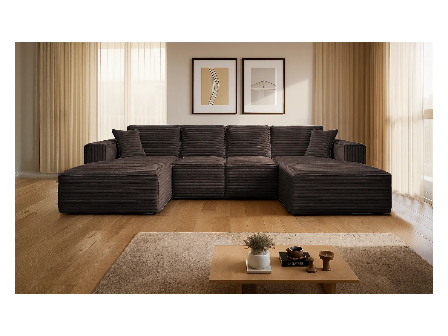 Canapé d'angle en U Siena avec tissu Velo Brown