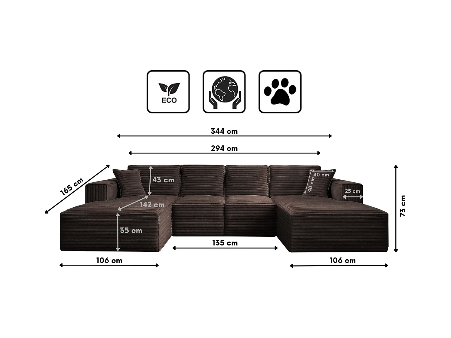 Canapé d'angle en U Siena avec tissu Velo Brown