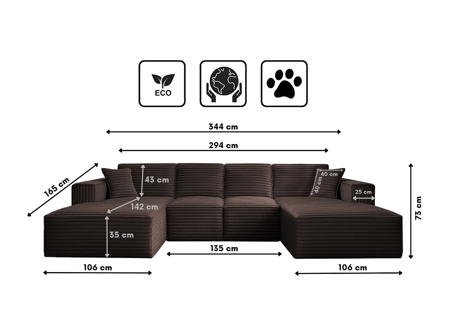 Canapé d'angle en U Siena avec tissu Velo Brown