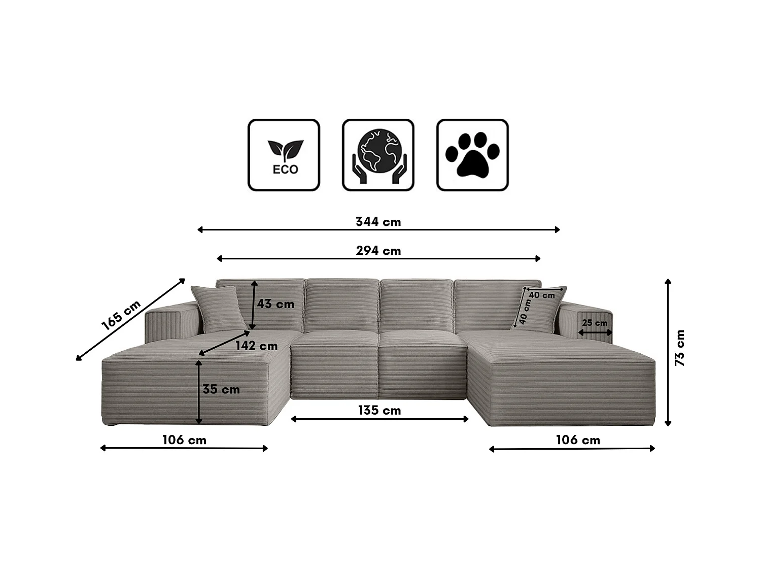 Canapé d'angle en U Siena avec tissu Velo Grey