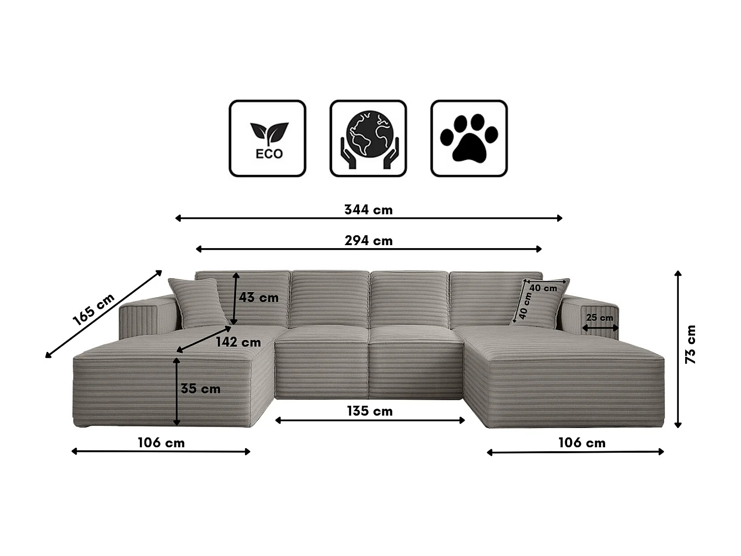 Canapé d'angle en U Siena avec tissu Velo Grey