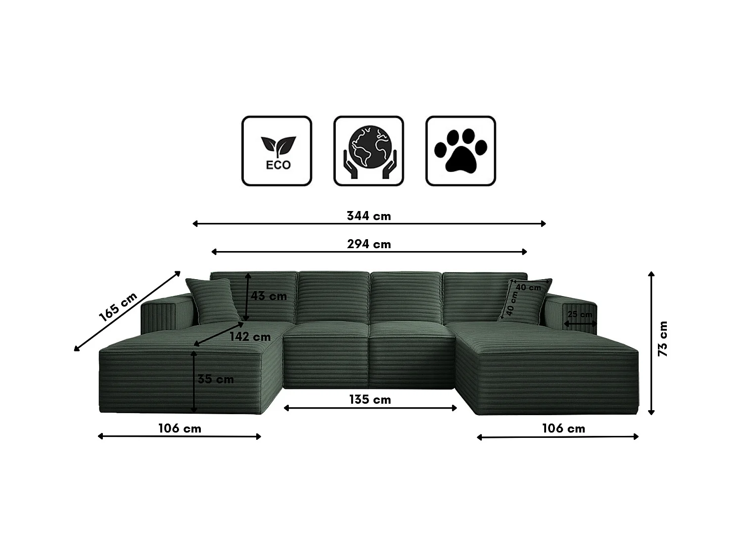 Canapé d'angle en U Siena avec tissu Velo Green