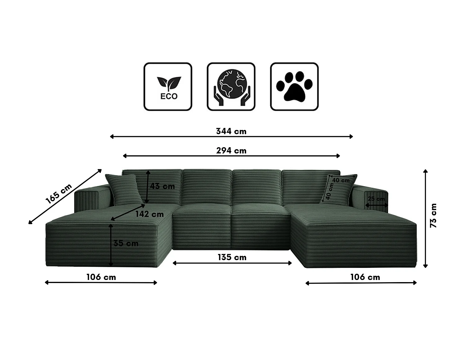 Canapé d'angle en U Siena avec tissu Velo Green
