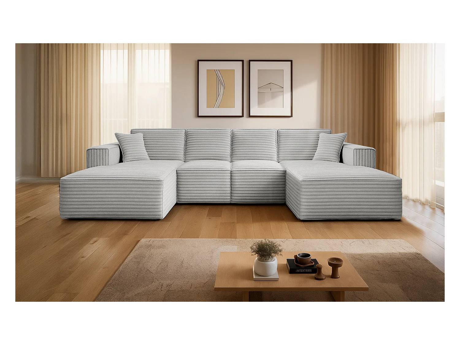 Canapé d'angle en U Siena avec tissu Velo gris clair